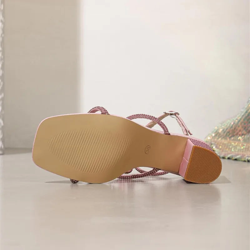 Ingvn  Luxury Rhinestones Pink Bowknot Satin Women Gladiator Sandals Summer Sexy Narrow Band Thick High heels Wedding Party Shoes