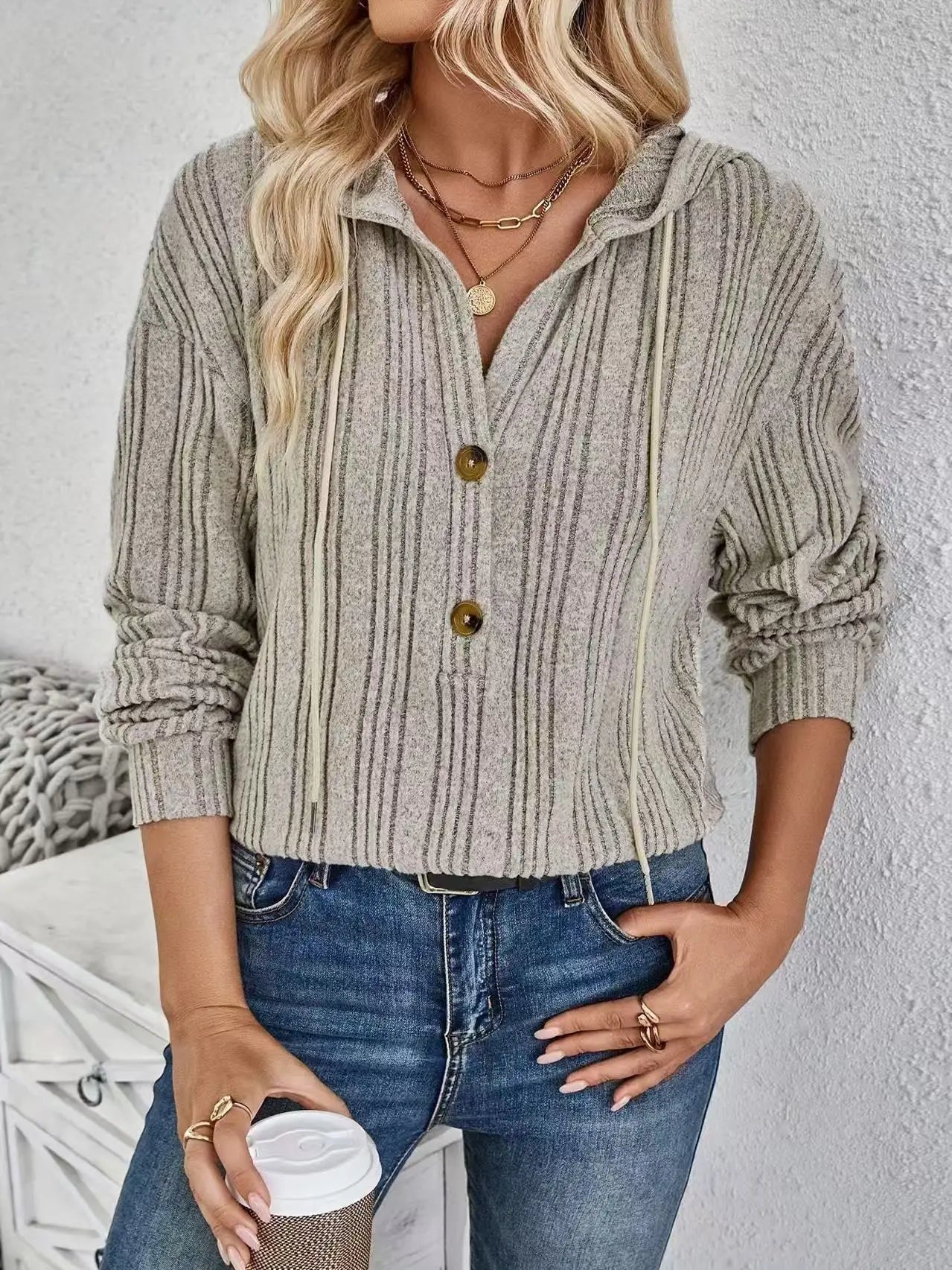 Ingvn - Women's Striped Ribbed Hooded Blouse Half Button Loose Long Sleeve Casual Daily Wear Pullover Top
