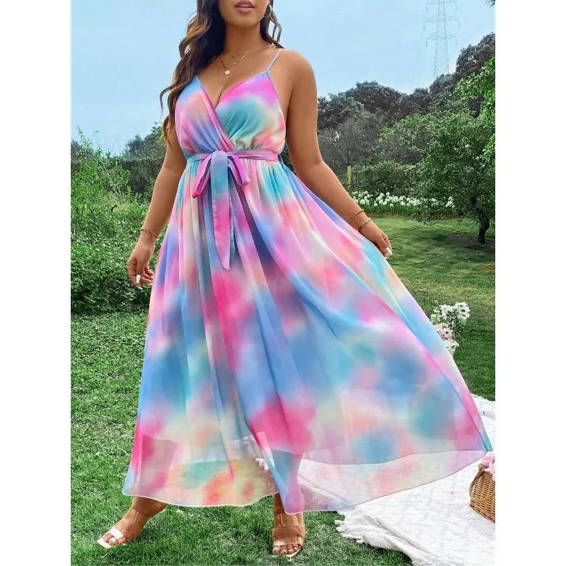 Ingvn  Plus Size 1XL-5XL New Fashion Women Clothing Floral Sexy Evening Dresses Elegant and Beautiful Halterneck Long Dresses Mesh Hem