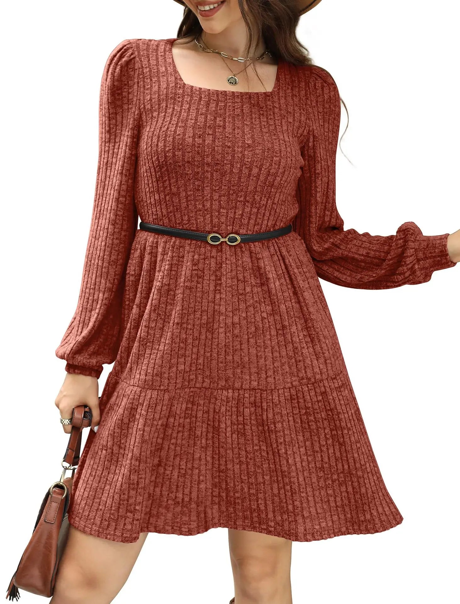 Ingvn  European and American Women's Square Collar Long Sleeve Autumn Dress Casual Baby Sweater