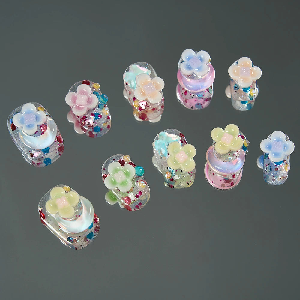 10pcs Handmade Summer Press On Nails Short Fake Nails Ballerina Moon Flower Patterned Fake Nail Cute Nail Art Sweet Fake Nails