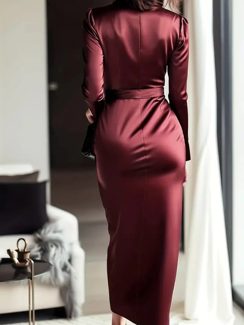 Ingvn  Autumn temperament goddess Hepburn style long-sleeved lace-tight waist dress for women