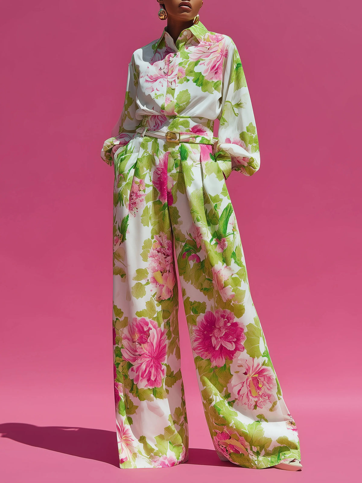 Ingvn  Fashion Women Flower Print Two Piece Set Elegant Long Sleeve Lapel Button Shirts+Loose Wide Leg Pants Sets Casual Holiday Suit