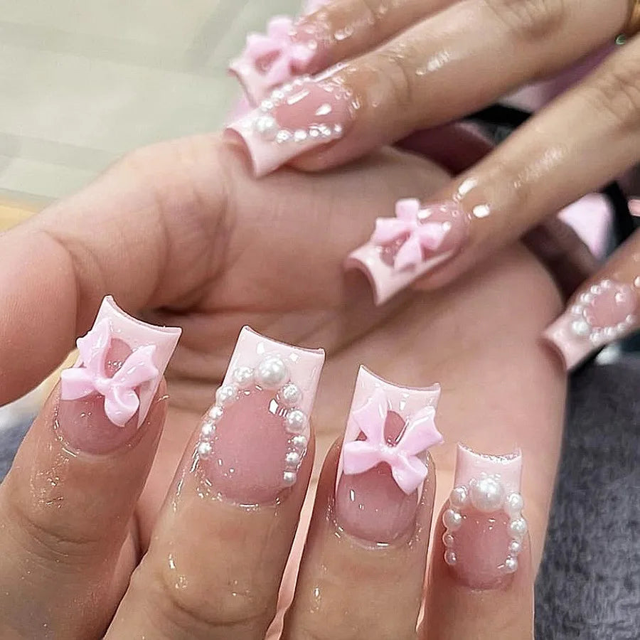 White French Press on Nails 3D Bowknot Designs Nude Color Fake Nails Wearable False Nails Tips for Women DIY Manicure 24Pcs