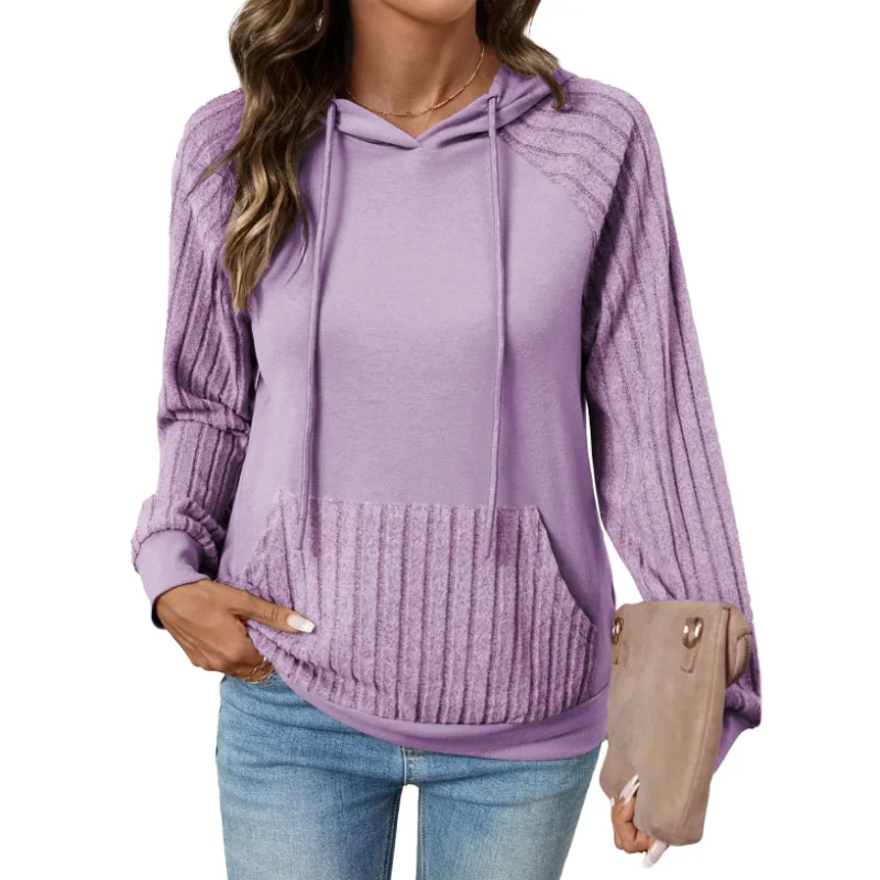 Ingvn - Women Early Autumn New Style Pocket Pullover Hooded Patchwork Thin Hoodie Casual Versatile Pullover Long Sleeve Top