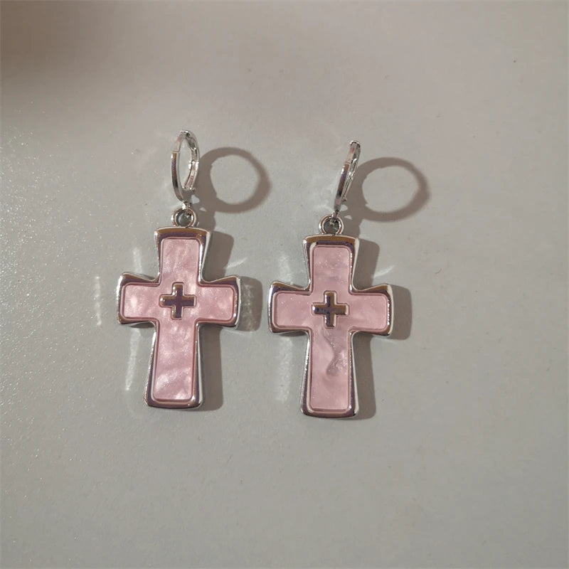 Korean Fashion Pink Crystal Star Heart Cross Earrings for Women Drop Earrings for Piercing Earrings Party Aesthetic Jewelry