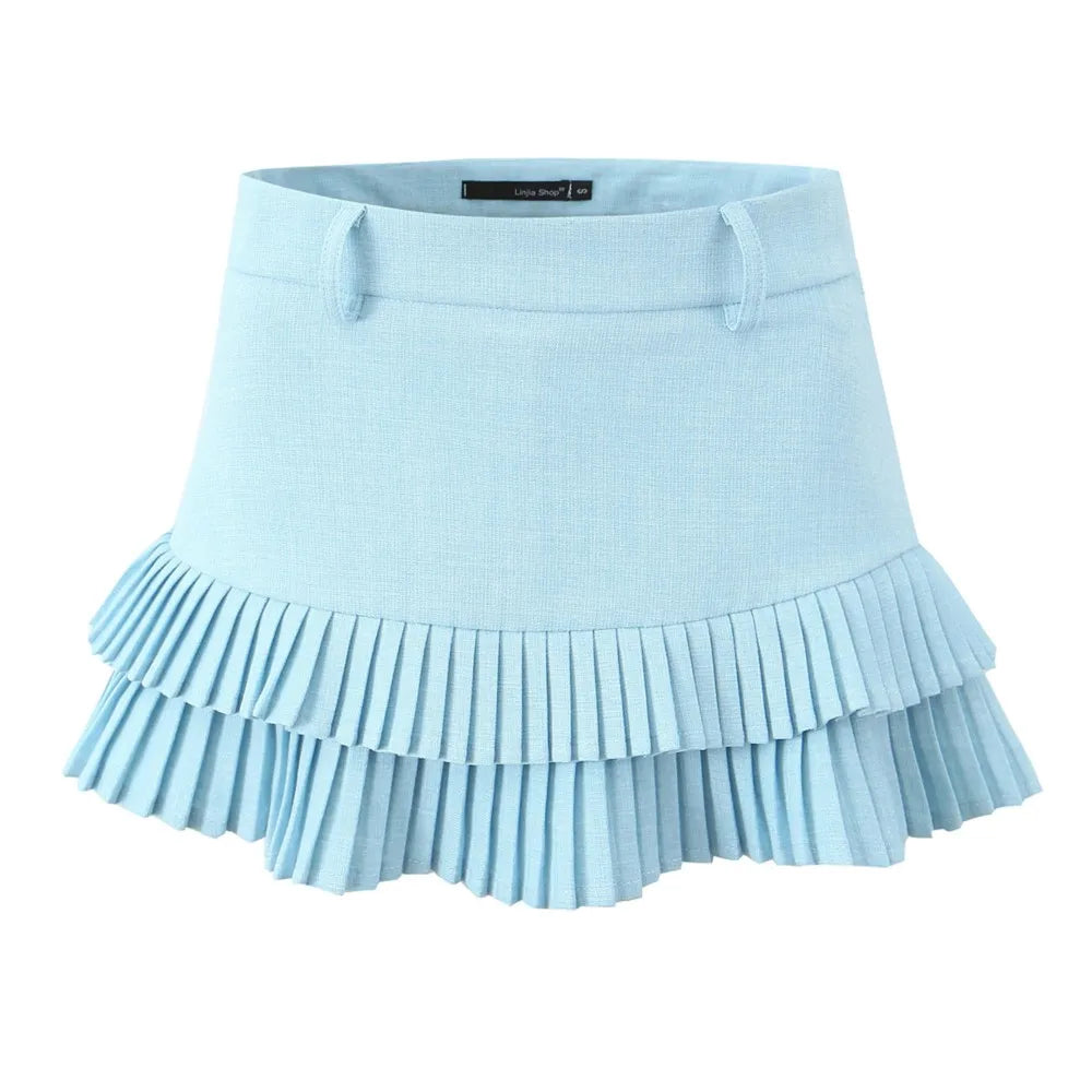 Ingvn  3 colors American Retro Light Blue Package Hips Spliced Pleated Mini Skirt Sexy Low Waist Short Skater Skirts With Shorts Lining
