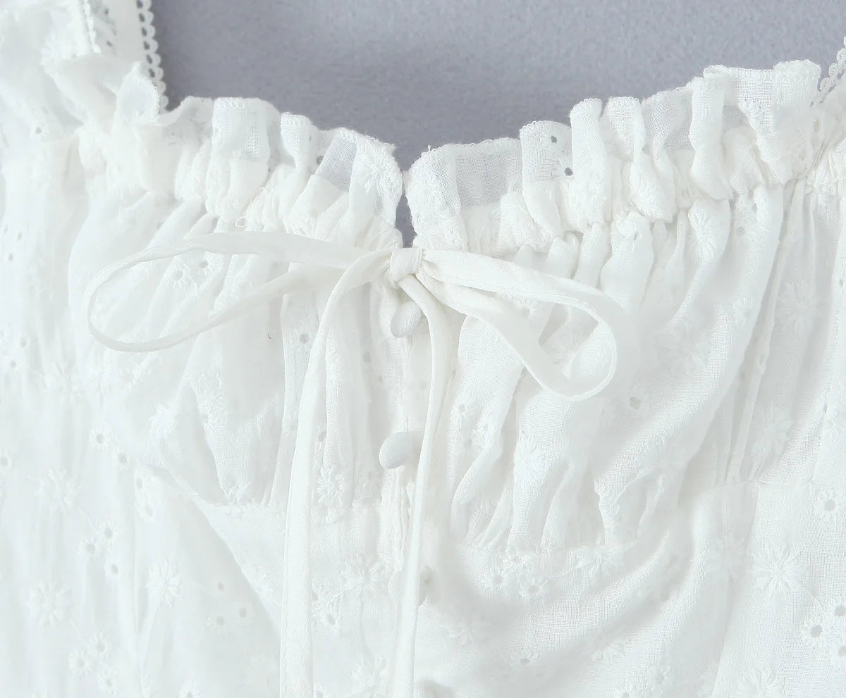 Ingvn  Sexy White Emboridery Flower Bow Ruched Chest Elastic Strap Mini Tank Dress Low Waist Spliced Folded Swing Women Sleeveless Robe