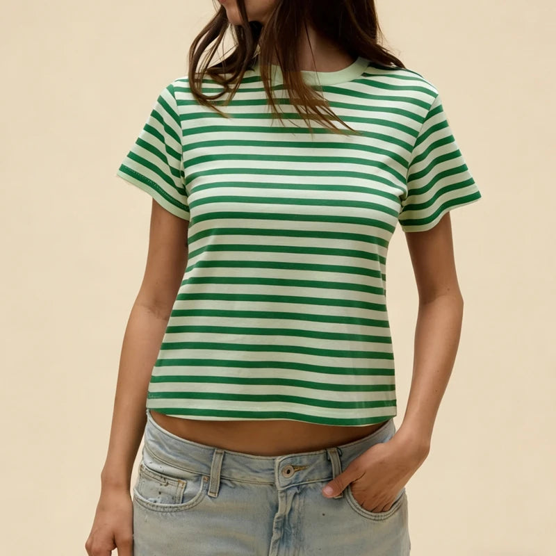 Ingvn  Women's Aesthetic Striped Print Crew Neck Baby Tee Y2k Cute Graphic Short Sleeve Slim Fitted Going Out Crop Top Shirt