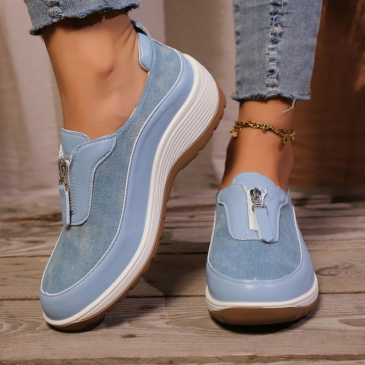 Ingvn  Women's Leopard Print Wedge Sneakers Fashionable Front Zipper Thick Sole Vulcanized Shoes Woman Casual Comfortable Sport Shoes