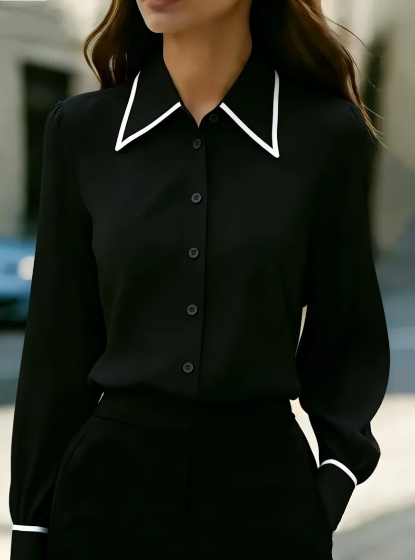 Ingvn  Women Long Sleeve Button Down Blouse Contrast Trim Collar Office Wear Shirt