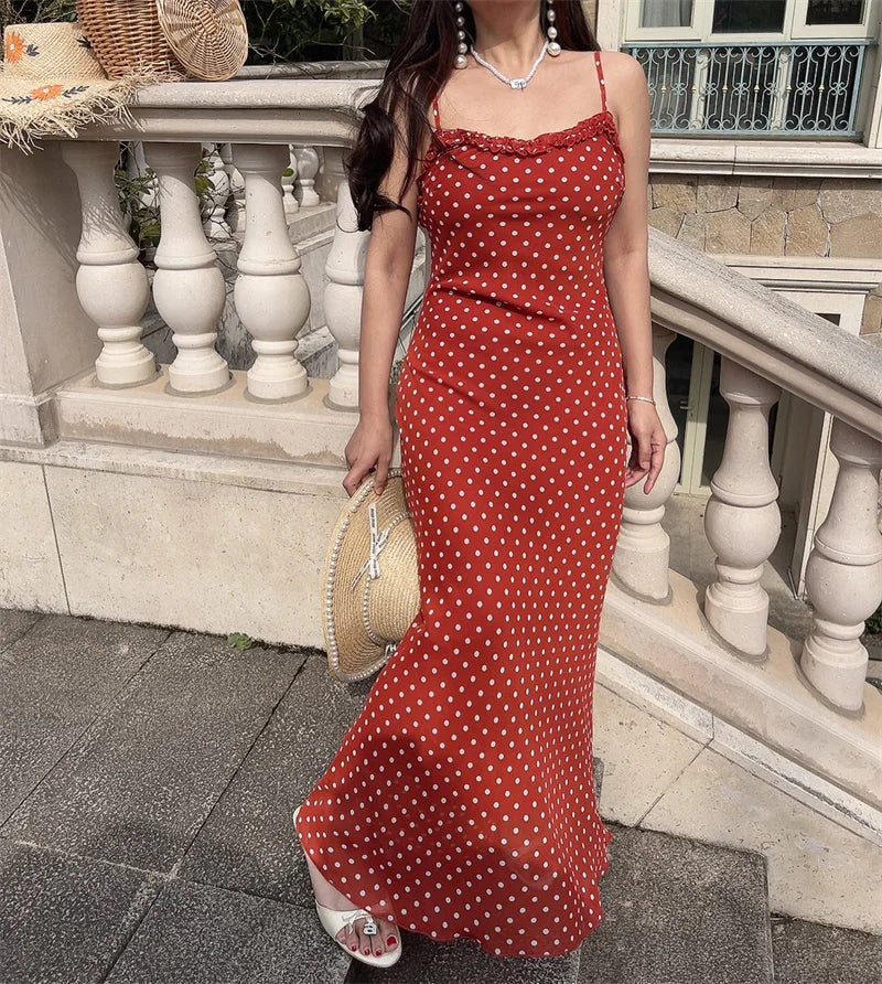 Ingvn  Summer Spring Polka Dot Wooden  Long Belted Halter Neck Gown Women's Holiday Strap Dress Fairy Skirt Style No Sleeve U Neck