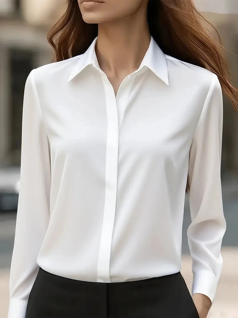 Ingvn  Autumn Solid Color Long Sleeve Lapel Satin Women's Blouse