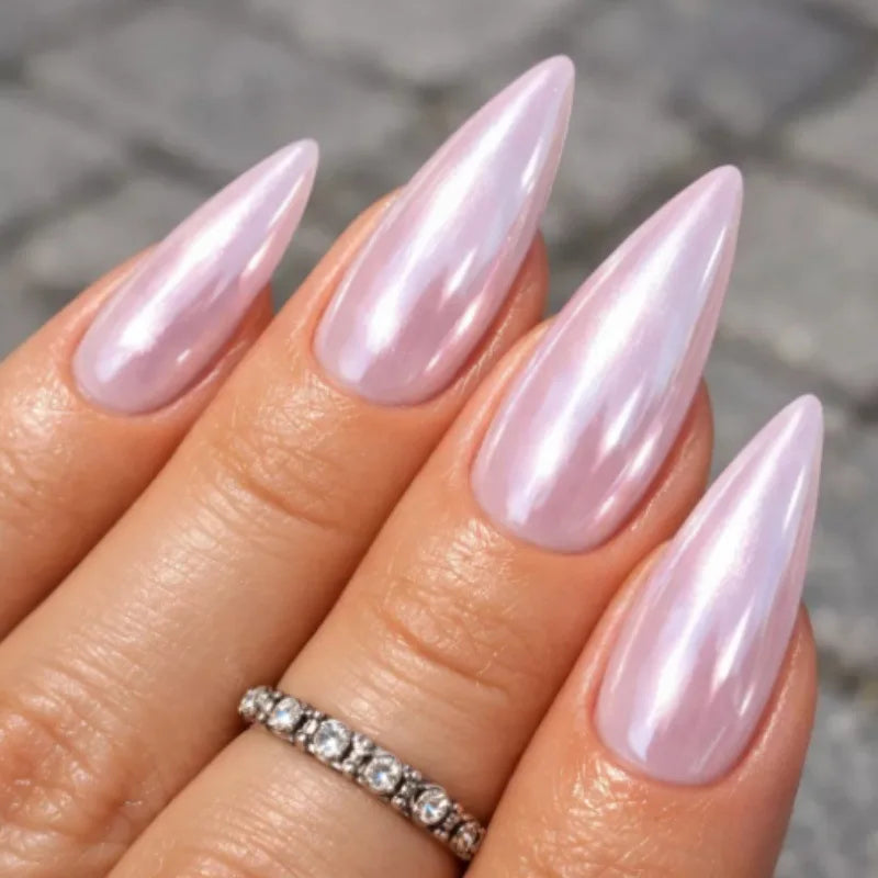 Ingvn  24Pcs Simple Solid Color White Press on Nails Long Style Almond False Silver Nails Fashion Cat's Eye Design Stiletto Nail Tips