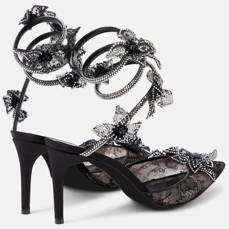 Ingvn  Fashion Mesh Lace Fowers Women Pumps Sandals Sexy Snake Coild Rhinestones Stiletto High heels Summer Autumn Wedding Prom Shoes