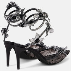 Ingvn  Fashion Mesh Lace Fowers Women Pumps Sandals Sexy Snake Coild Rhinestones Stiletto High heels Summer Autumn Wedding Prom Shoes