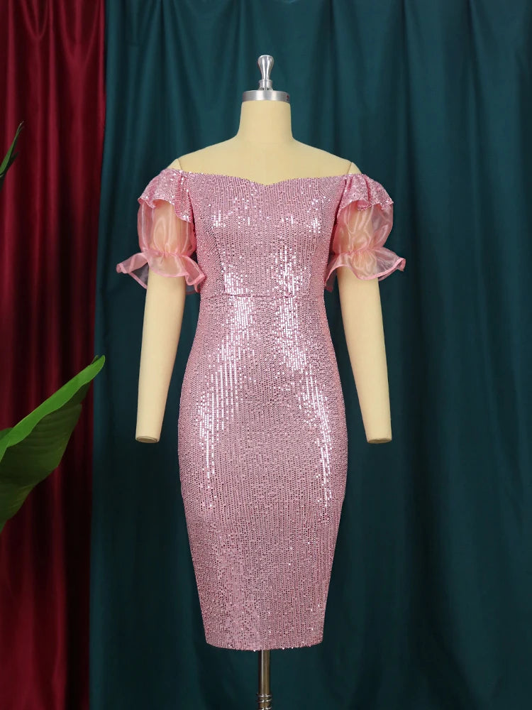 Ingvn  Lady Sequin Off Shoulder Prom Dress Backless Ruffle Sleeve Patchwork Pink Glitter Midi Slim Evening Occasion Party Gown Big Size