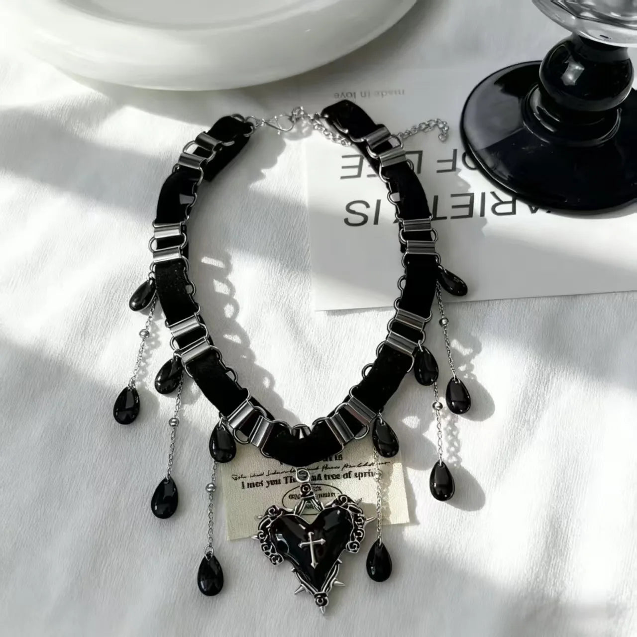 Ingvn  Goth Black Heart Love Cross Pendant Irregular Stone Bead Choker Necklace For Women Halloween Vintage Y2K Grunge EMO Accessories