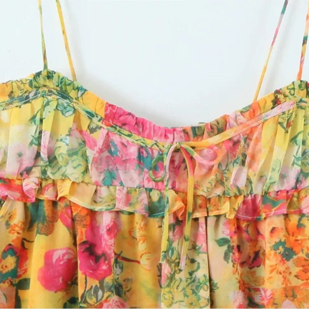 Ingvn  Women Bow Lacing up Sling Robe Holiday BOHO Ruched Chest Orange Flower Print Spaghetti Strap Mini Dress