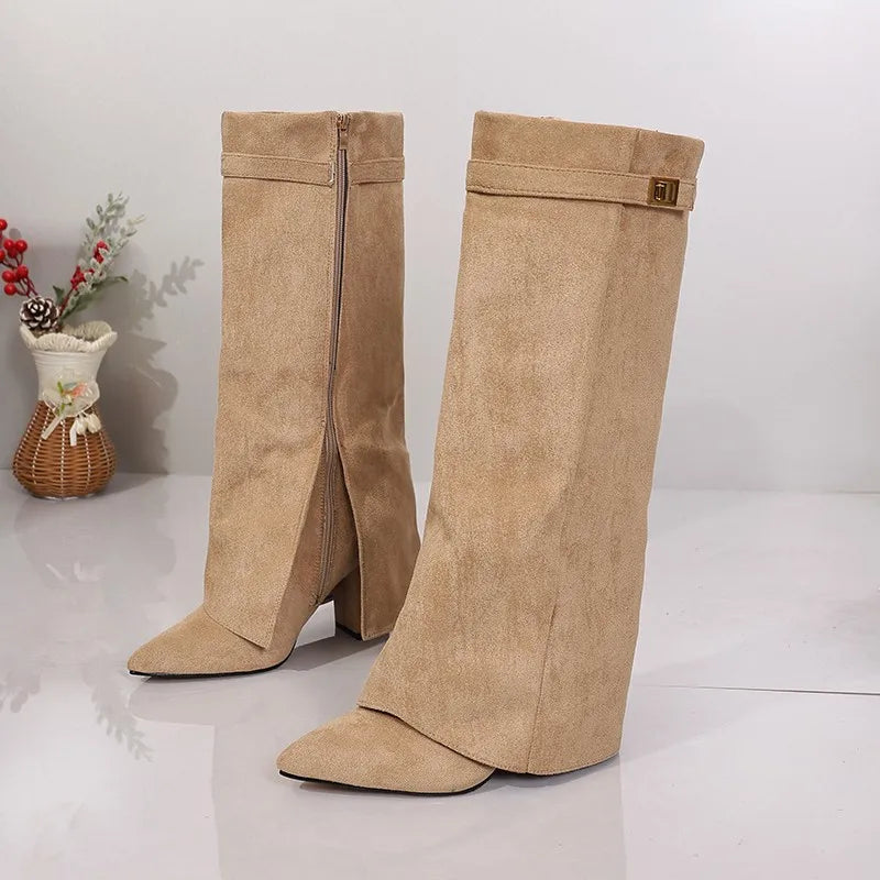Ingvn  Winter Fashion Pointed Velvet High Heel Boots Women Large Size Cuff Double Layered Booties Stylish Comfortable Footwear boots