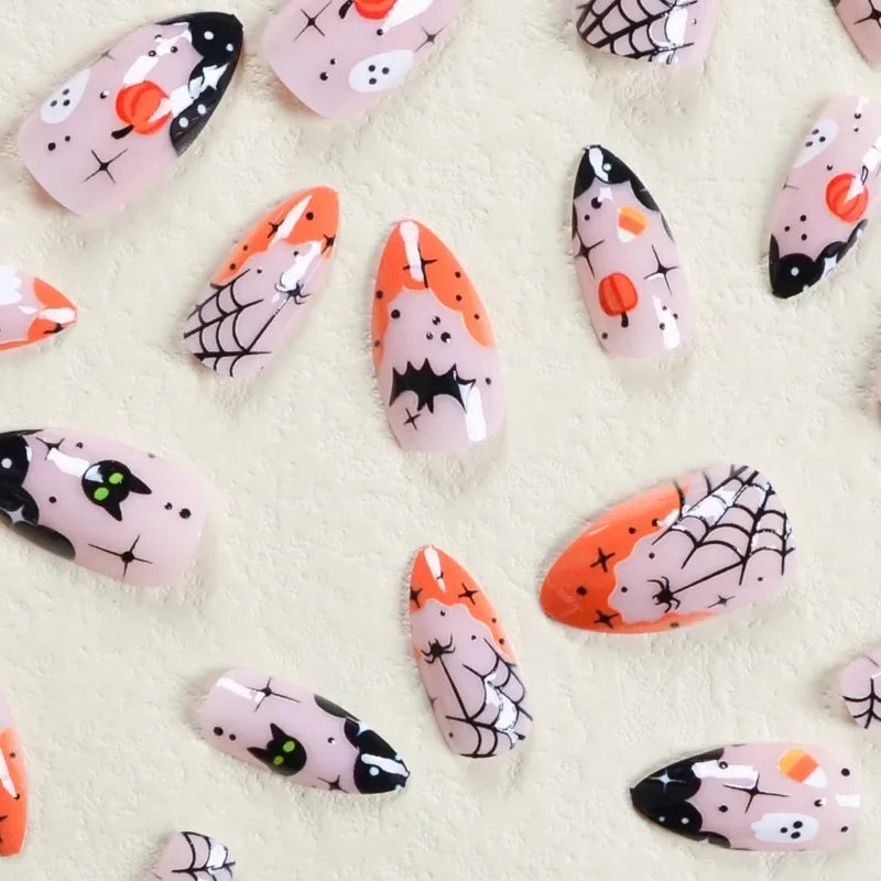 Ingvn  24pcs/set Halloween Black Spider Web Bat Short Press on Nails for Girls Medium False Nails with Glue Medium Square Cheap French