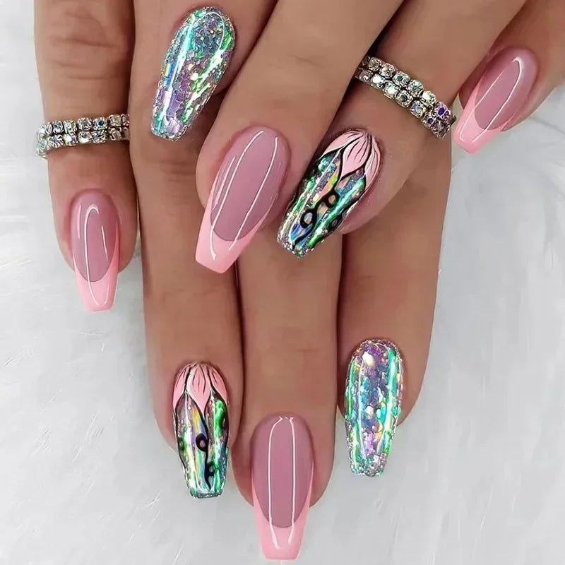 Ingvn  24Pcs Simple Blue French Fake Nails with Diamond Love Pattern Design False Nails Press on Mid-length Ballet Full Cover Nail Tips