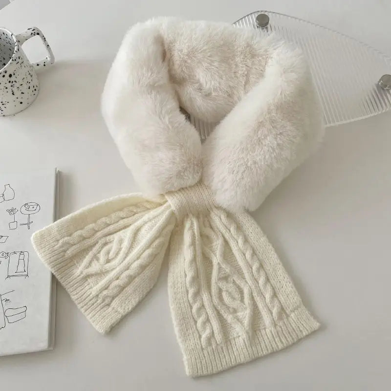 Ingvn - Women's Autumn Winter Knit Scarf Faux Fur Cross Neck Warmer Solid Thick Warm Elegant Chic Coquette Trendy