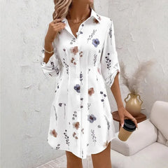Ingvn  Women's Floral Print Lapel Long Sleeve Button Front Pleated Waist Casual Shirt Dress