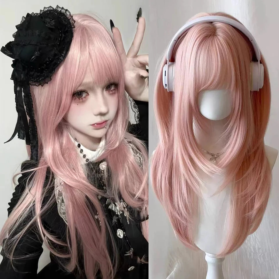 Ingvn - Long Wigs With Bangs Synthetic Natural Straight Layered Fake Hair Party Fluffy Lolita Cosplay Brown Wigs For Women Daily Use