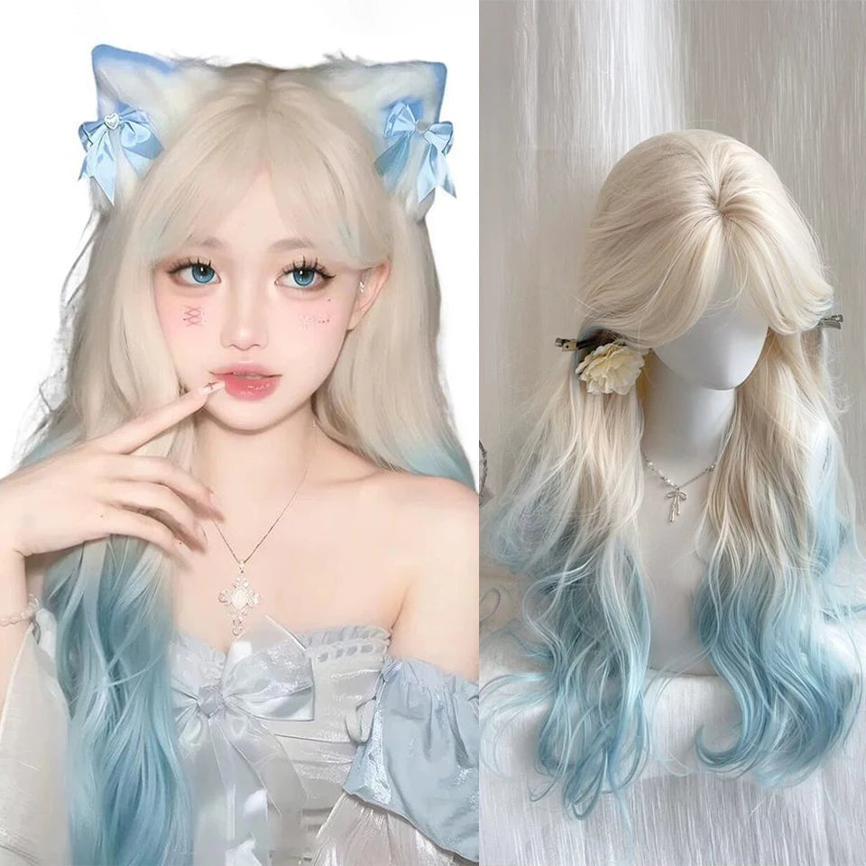 Ingvn - Long Wavy Platinum Gradient Blue Wig Synthetic Pink Green Lolita Wigs for Women Daily Cosplay Wig Halloween Costume Wig