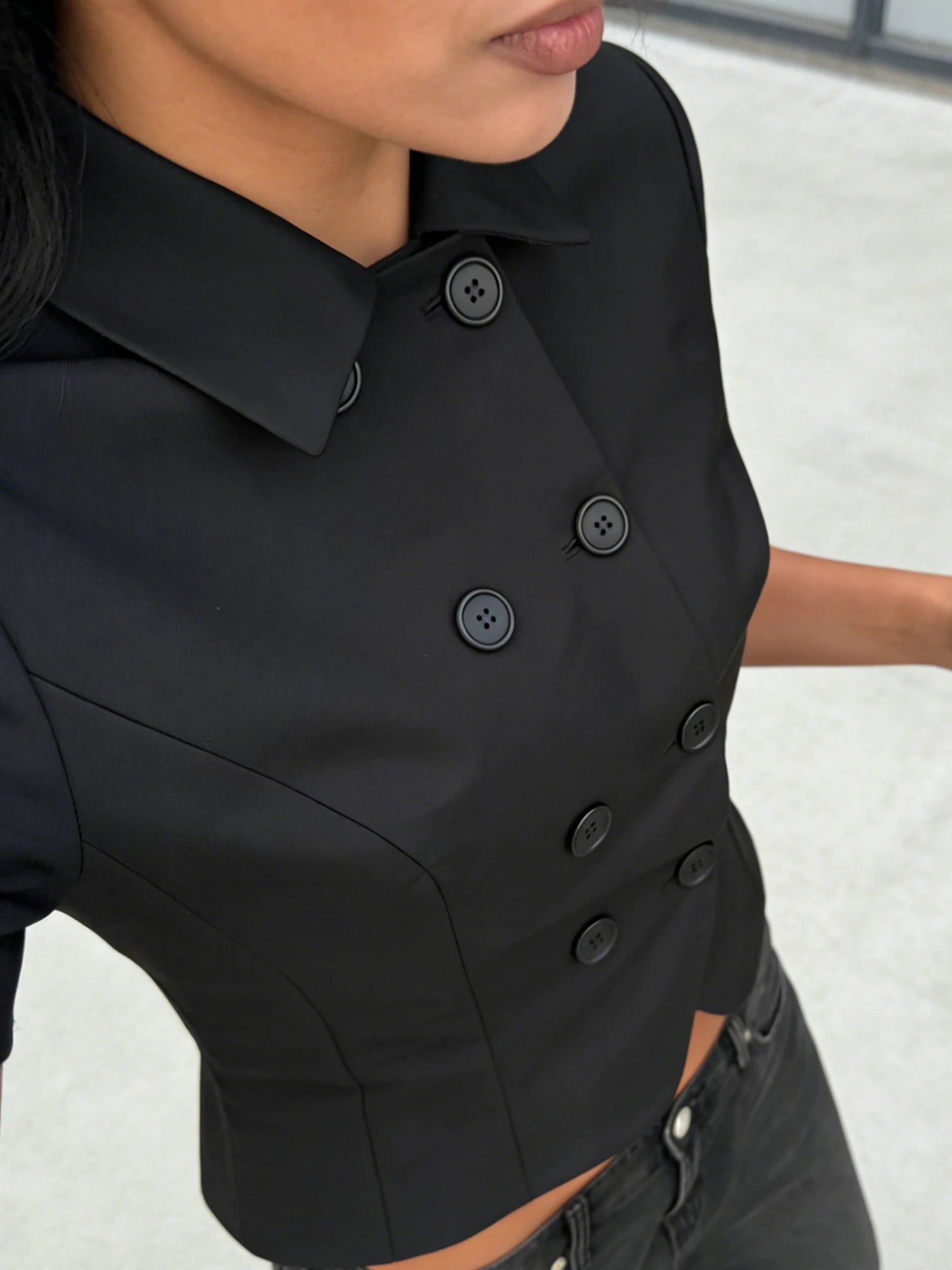 Ingvn  Women Summer Y2k Short Sleeve Coat Double Breasted Shirt Solid Color Lapel Turn-down Collar Slim Fit Blouse Crop Tops