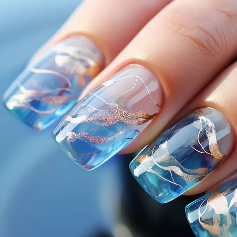 Ingvn  24Pcs Simple Blue French Fake Nails with Diamond Love Pattern Design False Nails Press on Mid-length Ballet Full Cover Nail Tips