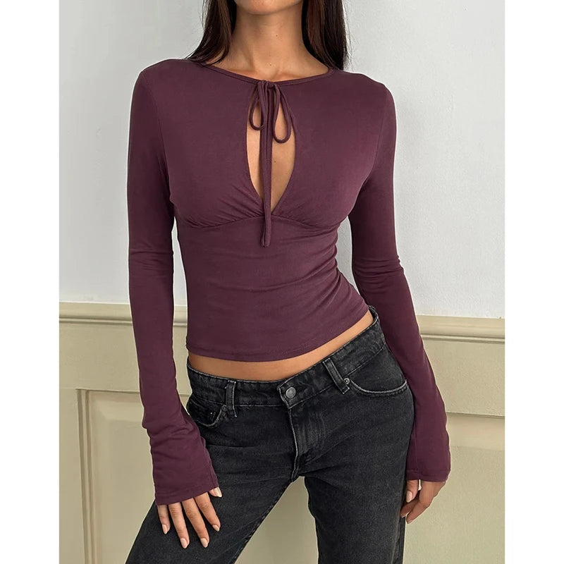 Ingvn  Women Solid Color Tied Front Keyhole T-Shirts Long Sleeve Slim Fit Pleated Bust Round Neck Y2k Cropped Tee Streetwear