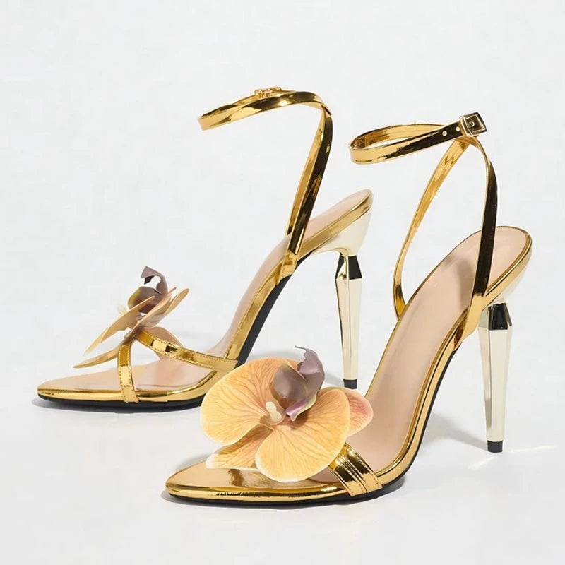 Ingvn  Strange Style Metal High Heels For Ladies Orchid Flowers Narrow Band Open Toe Ankle Strap Sandals Women Party Dress Shoes