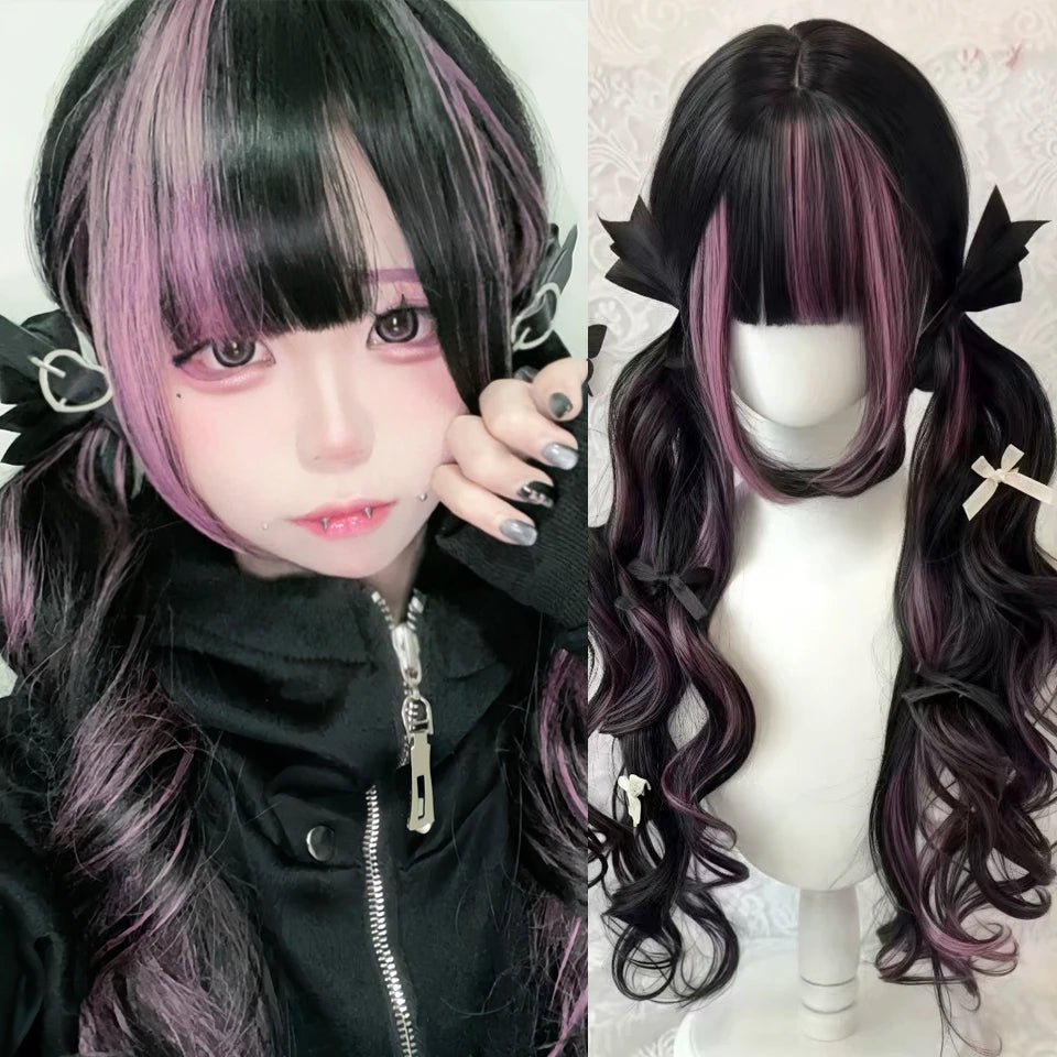 Ingvn - Long Wavy Black Highlight Pink Wig with Bangs Synthetic Diy Cosplay Wig Daily Wear Natural Wig Halloween Costume Wig for Women
