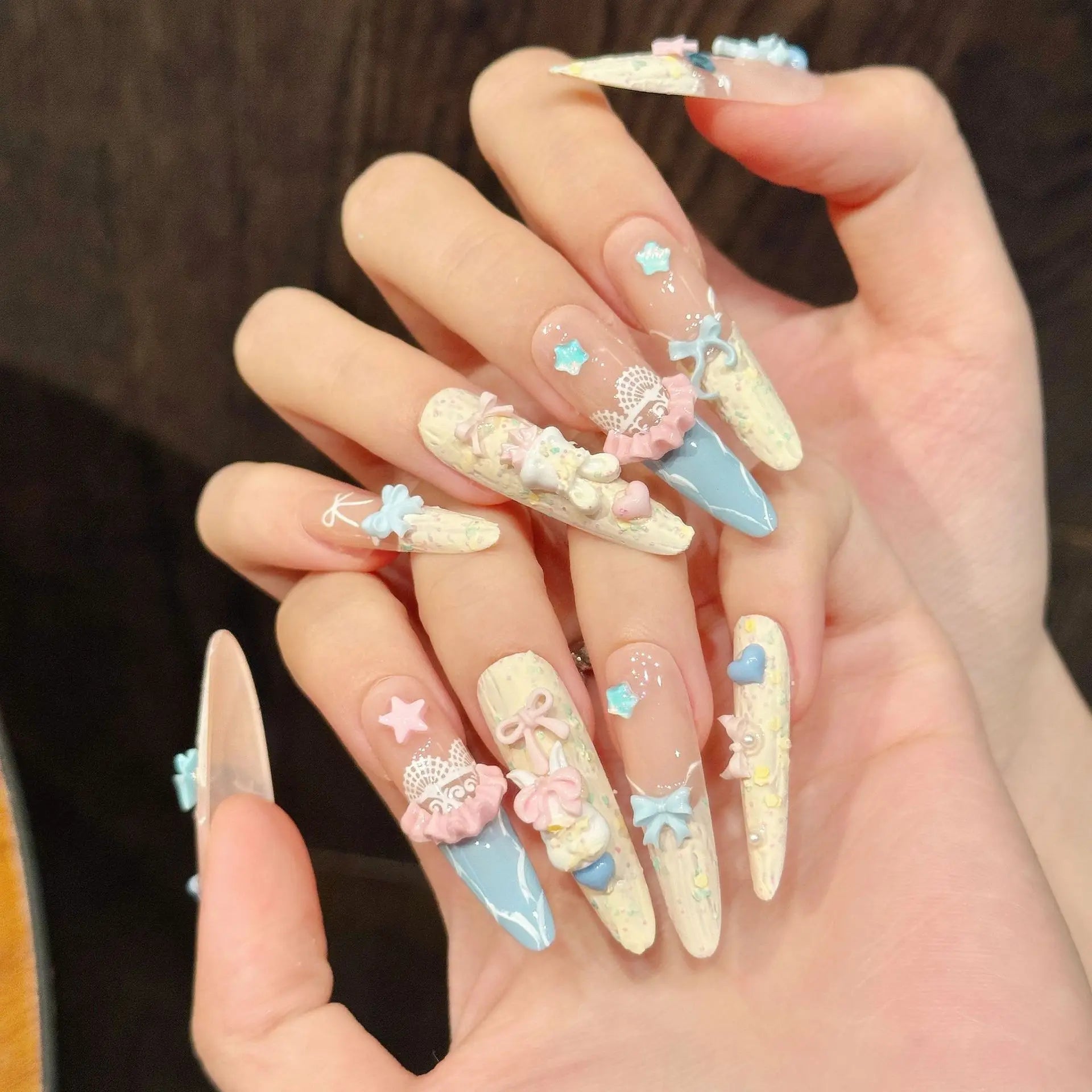 Ingvn  10Pcs Cat's Eye French Handmade Nail Tips Long Stiletto Fake Nail with Colorful Rhinestone Reusable Almond Press on False Nails