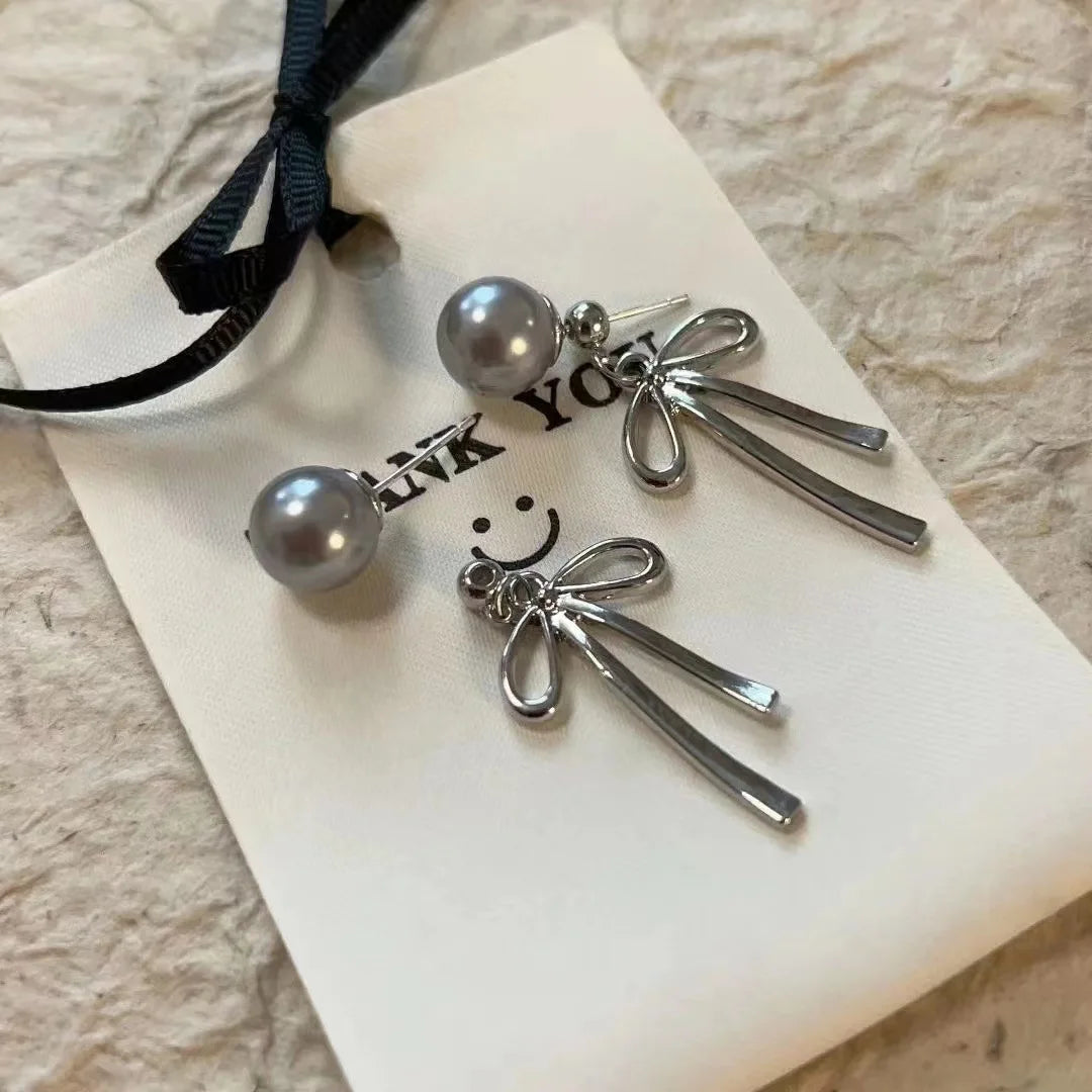 Ingvn  Korean Elegant Simple Bowknot Grey Pearl Long Dangle Earrings For Women Fashion Sweet Metal Aesthetic Jewelry Party Gifts