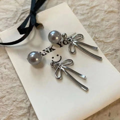 Ingvn  Korean Elegant Simple Bowknot Grey Pearl Long Dangle Earrings For Women Fashion Sweet Metal Aesthetic Jewelry Party Gifts