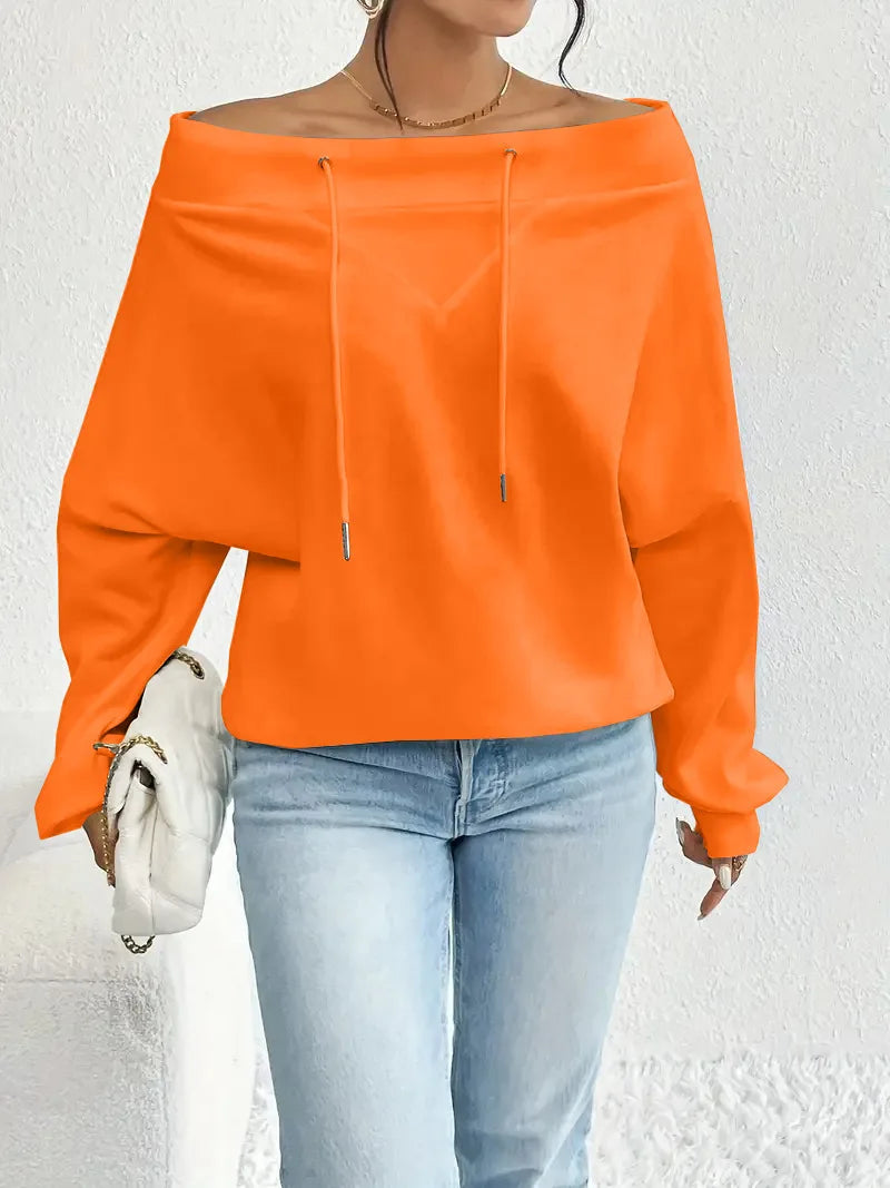 Ingvn - Women's Royal Blue Off-the-shoulder Boat Neck Sweatshirt Long Sleeve Drawstring Design Casual Fashion Loose Pullover