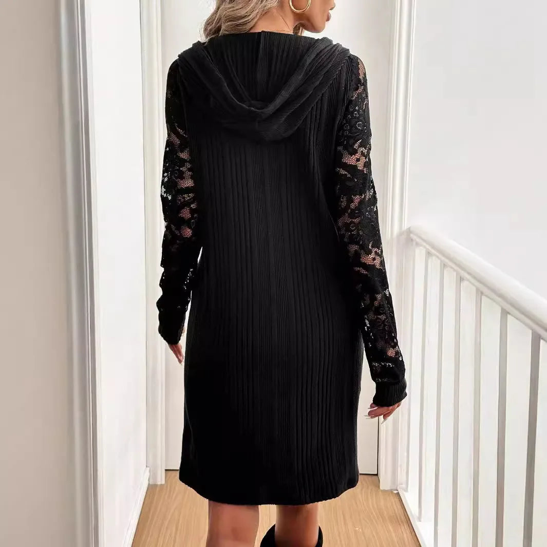 Ingvn  European and American Autumn and Winter New Elegant Women's Lace Patchwork Raglan Sleeve Drawstring Hooded Casual Dress