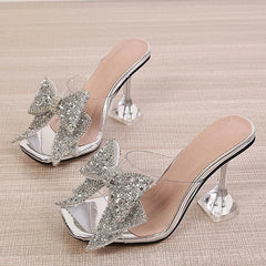 Ingvn - New Transparent Slippers For Women Fashion Silver Crystal Bowknot High Heels Female Mules Slides Summer Sandals Shoes