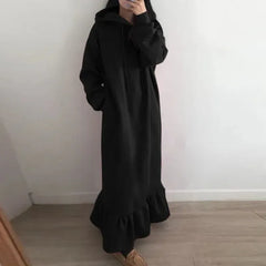 Ingvn  New Women's Autumn and Winter New Style Fleece Hooded Base Sweater Dress Ladies Casual Straight Pocket Loose Hooded Long Dress