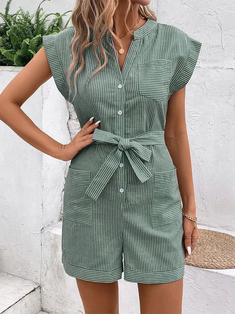 Ingvn  Summer Women's Clothing Casual Striped Short Sleeve Romper For Woman Elegant Commuter Playsuit Lightweight Cotton Capri Pants