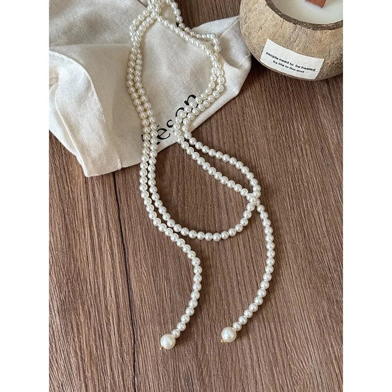 Ingvn  Vintage Imitation Pearl Long Chain Necklace for Women Elegant Classic Multilayer Pearl Clavicle Chain Necklaces Jewelry Gift