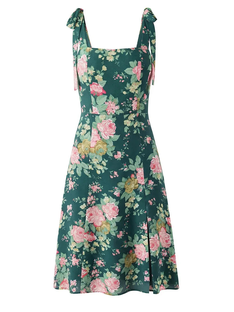 Ingvn  French Retro Floral Print Maix Dresses for Women Square Collar Bow Strap Slimming Slit Design for Beach Vacations