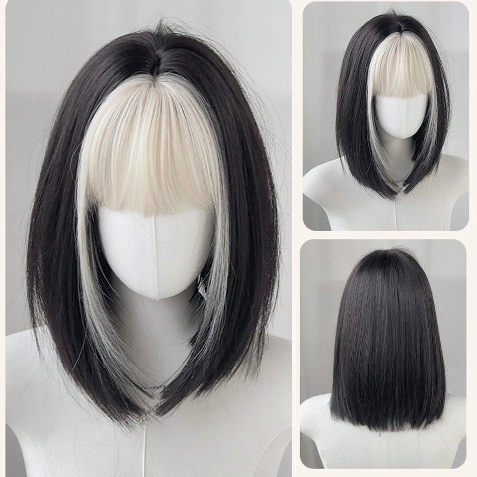Ingvn  ﻿ Short Brown Straight Synthetic Wig with Bangs Curly Hair Pink Green Lolita Wigs for Women Daily Party Cosplay Christmas Wig