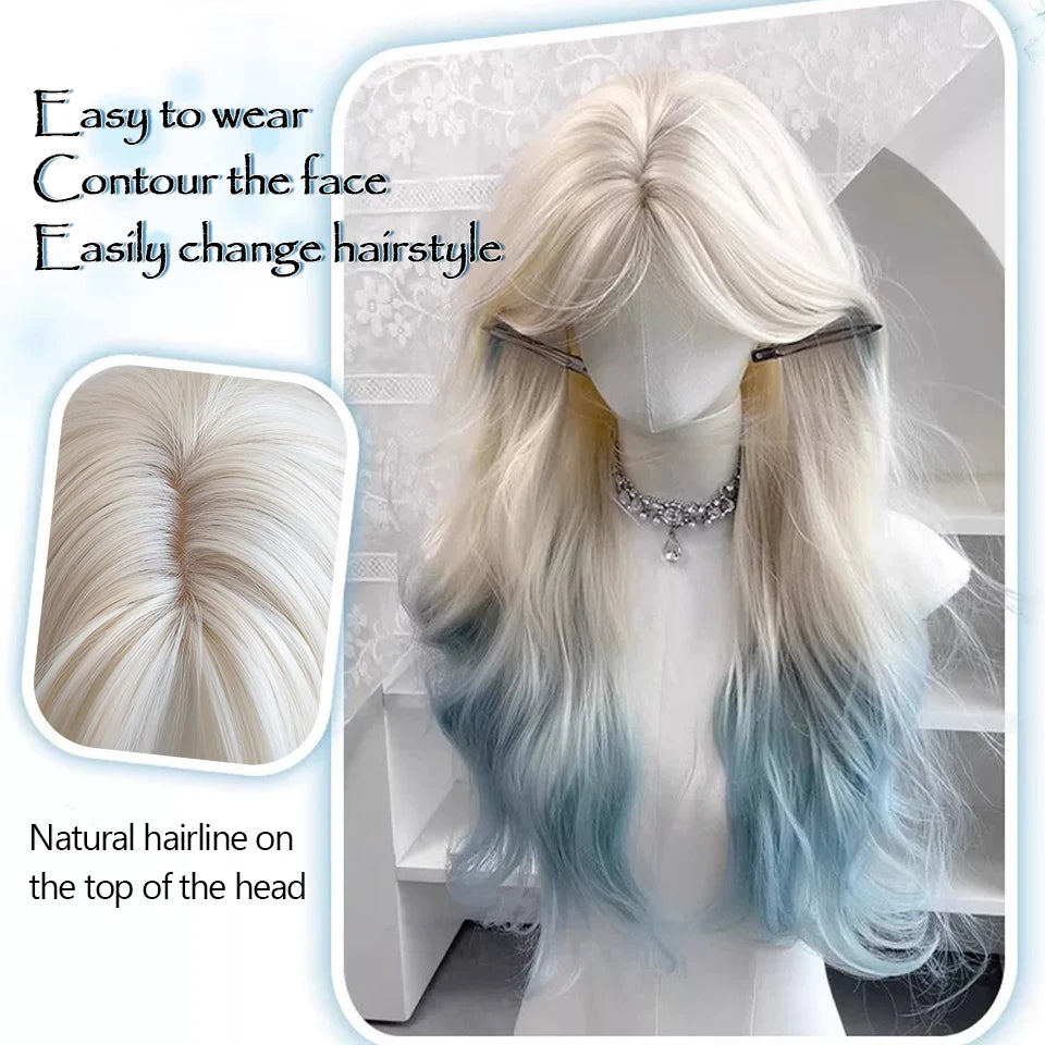 Ingvn - Long Wavy Platinum Gradient Blue Wig Synthetic Pink Green Lolita Wigs for Women Daily Cosplay Wig Halloween Costume Wig