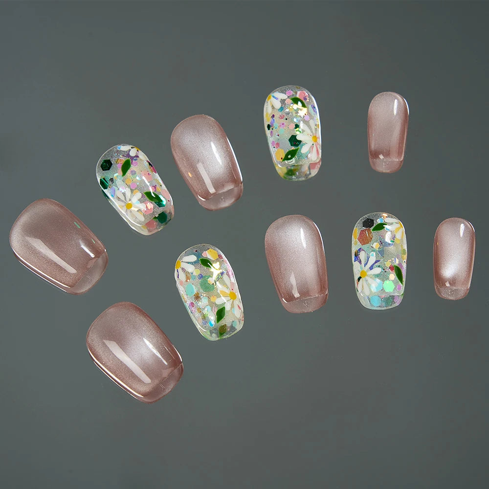 10PCS Short Square Press On Nails Cat Eyes Pink Fake Nails With Multi-Color Floral Designs Summer Collection For Women and Girls