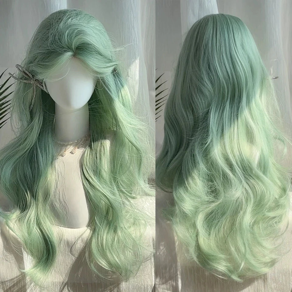 Ingvn  Long Wavy Pink Wig with Bangs Synthetic Cosplay Natural Lolita Purple Green Wig Halloween Costume Wig for Women Daily Wear