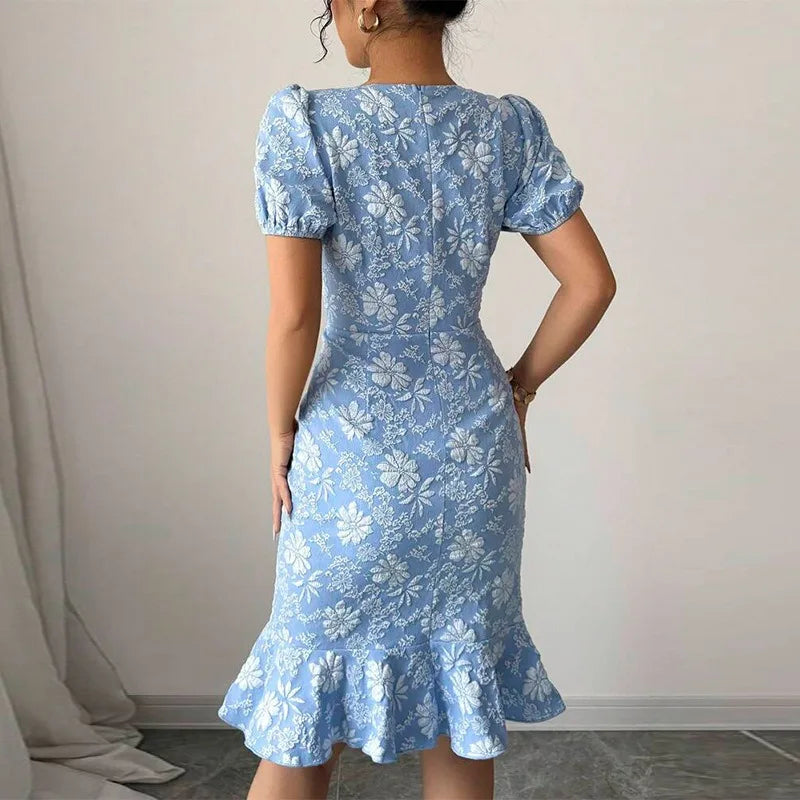 Ingvn  Women's Floral Jacquard Midi Dress Puff Sleeve Ruffle Hem Bodycon Dress